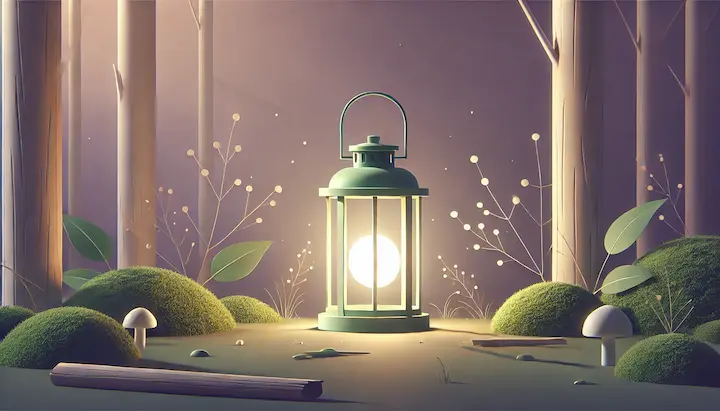 illustration of a softly glowing lantern ratio minimalist illustration of a softly glowing lantern placed on a calm forest floor at dusk.