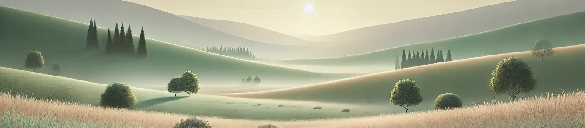 landscape Peaceful green hills under soft sunlight, symbolizing calm, clarity, and reflection on Viaclari.