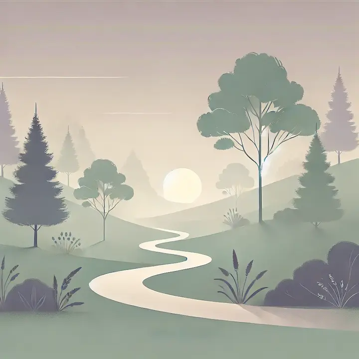 misty trees at sunrise Illustration of a winding path through misty trees at sunrise. The landscape is tranquil and symbolic of personal growth.
