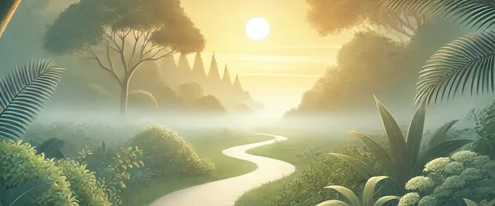 peaceful-nature-path-soft sunrise-and-misty-horizon A peaceful nature path gently curving into a soft sunrise or misty horizon. The path is surrounded by lush green trees and plants, with light mist