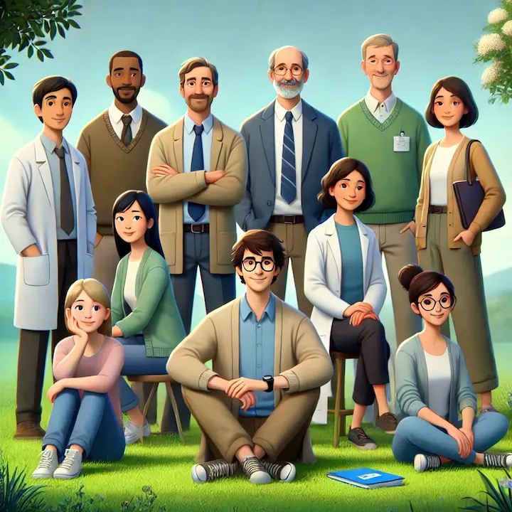 viaclari-voices-mental-health-editorial-team-illustration Illustrated group of diverse mental health professionals including psychologists, researchers, students, and volunteers in a serene outdoor setting, representing the collaborative ViaClari Voices team.