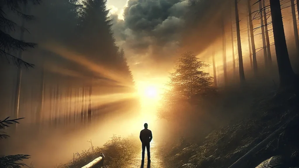 anxiety-recovery-featured-image-storm-to-calm Silhouette in forest facing bright light, symbolising hope—does anxiety get worse before it gets better?