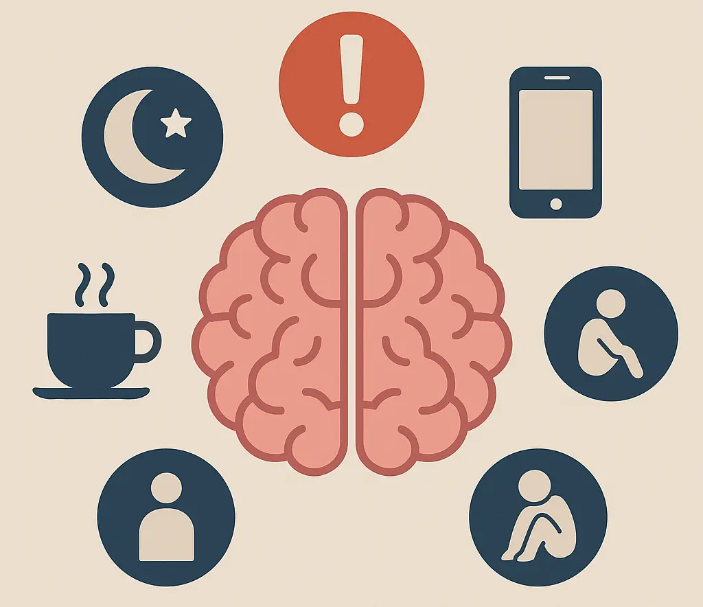anxiety-triggers-brain-icons-caffeine-sleep-phone Brain illustration with anxiety-related icons: phone, sleep, caffeine, loneliness, and stress.