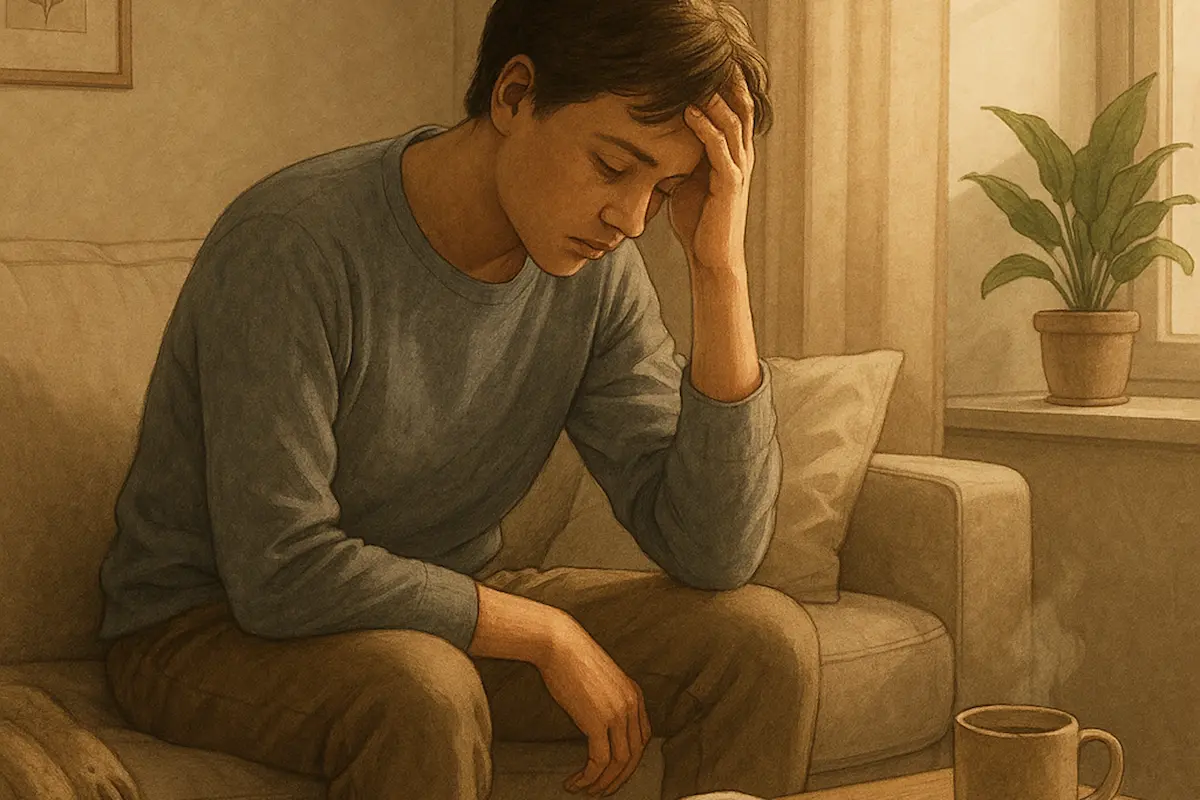 depression-impact-mental-physical-behavioural Realistic illustration of a young adult sitting on a sofa with a tired expression, holding their head in one hand, in a softly lit living room — symbolising the mental, physical, and emotional impact of depression.