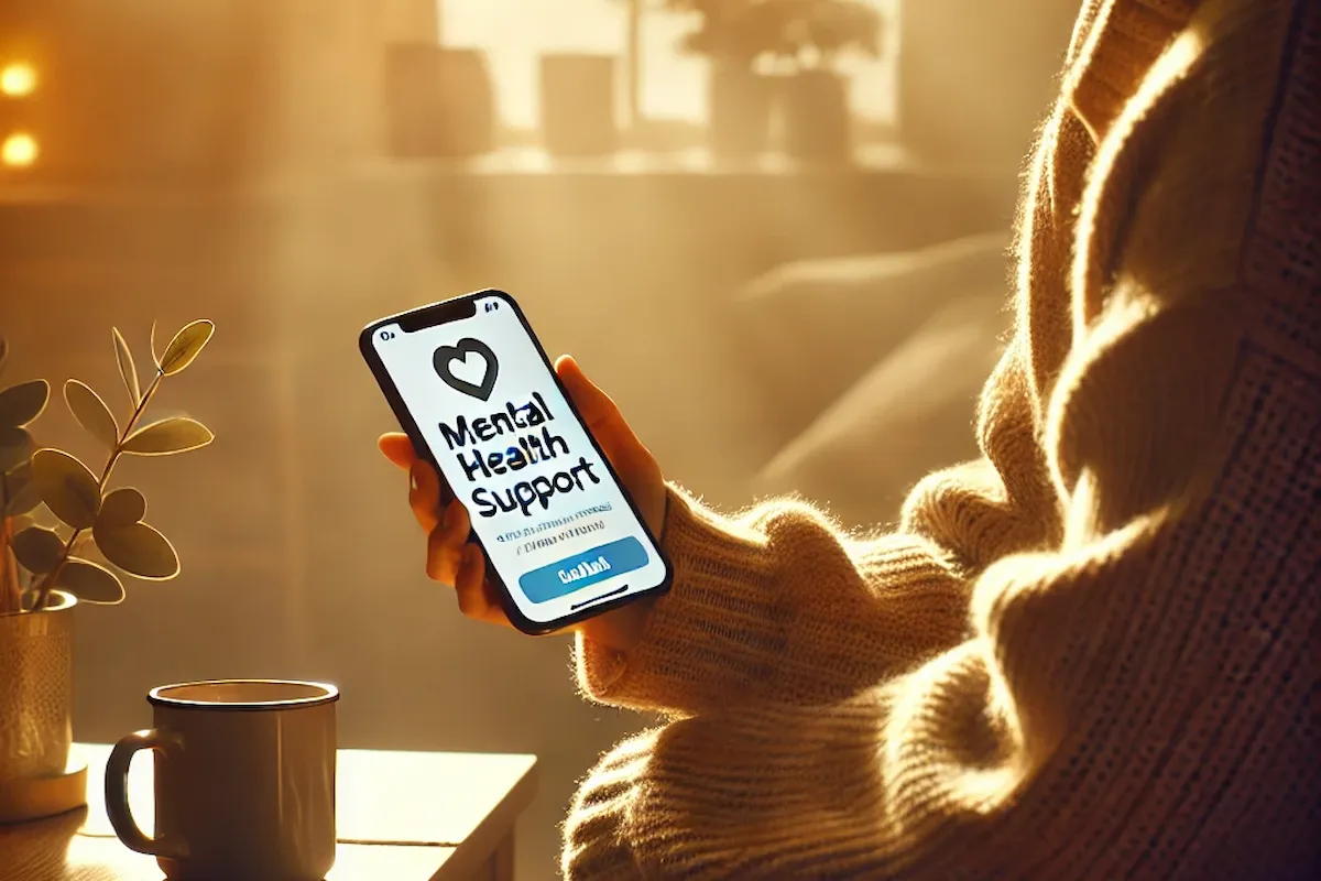 getting-help-for-depression-phone-search Close-up of a person holding a smartphone displaying 'Mental Health Support' on screen, symbolising access to online help and digital resources for depression and emotional wellbeing.